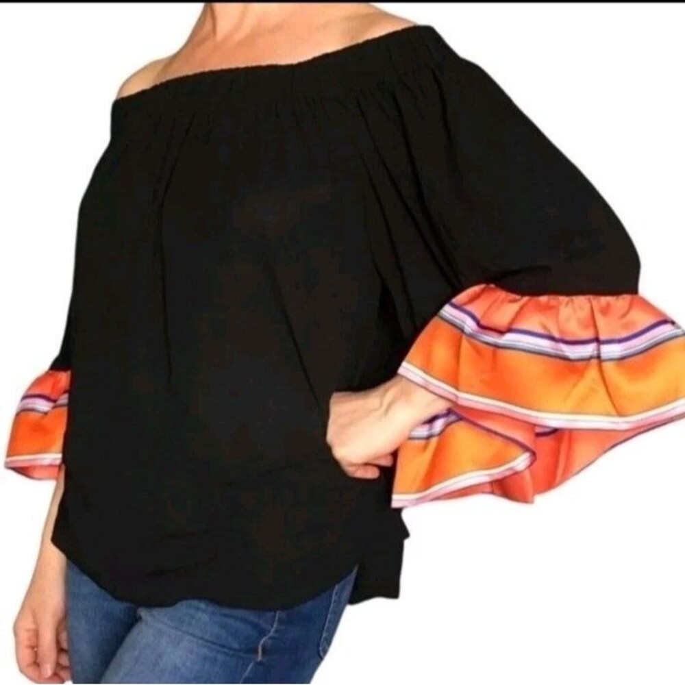 Soft Surroundings Off Shoulder Blouse XS Black Orange Stripe Bell Sleeve